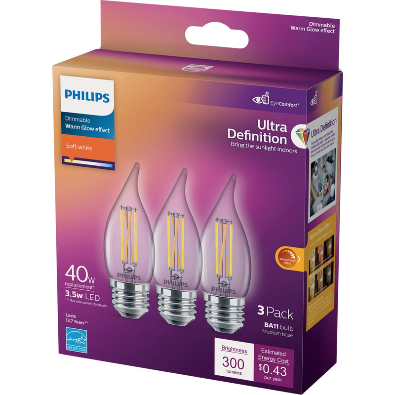 Philips Ultra Definition 40W Equivalent Soft White BA11 Medium LED Decorative Light Bulb (3-Pack)