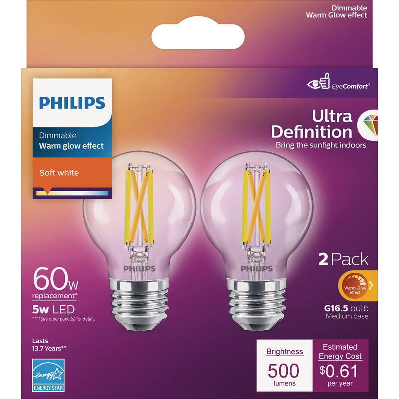 Philips Ultra Definition 60W Equivalent Soft White G16.5 Medium LED Decorative Light Bulb (2-Pack)