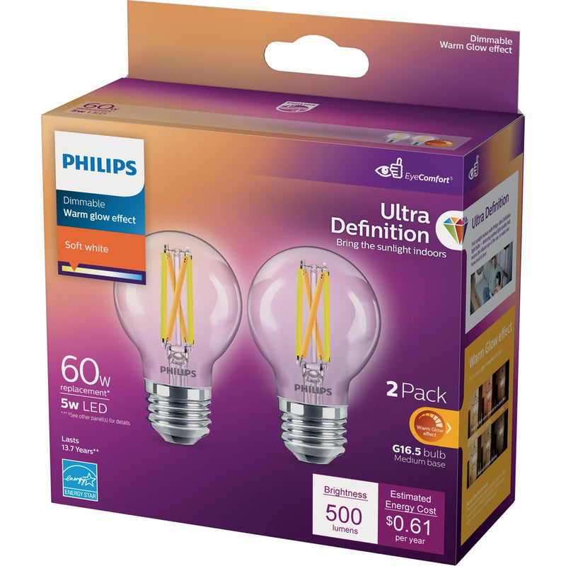 Philips Ultra Definition 60W Equivalent Soft White G16.5 Medium LED Decorative Light Bulb (2-Pack)