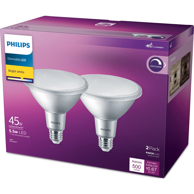 Philips 45W Equivalent Bright White PAR38 Medium Dimmable LED Floodlight Light Bulb (2-Pack)