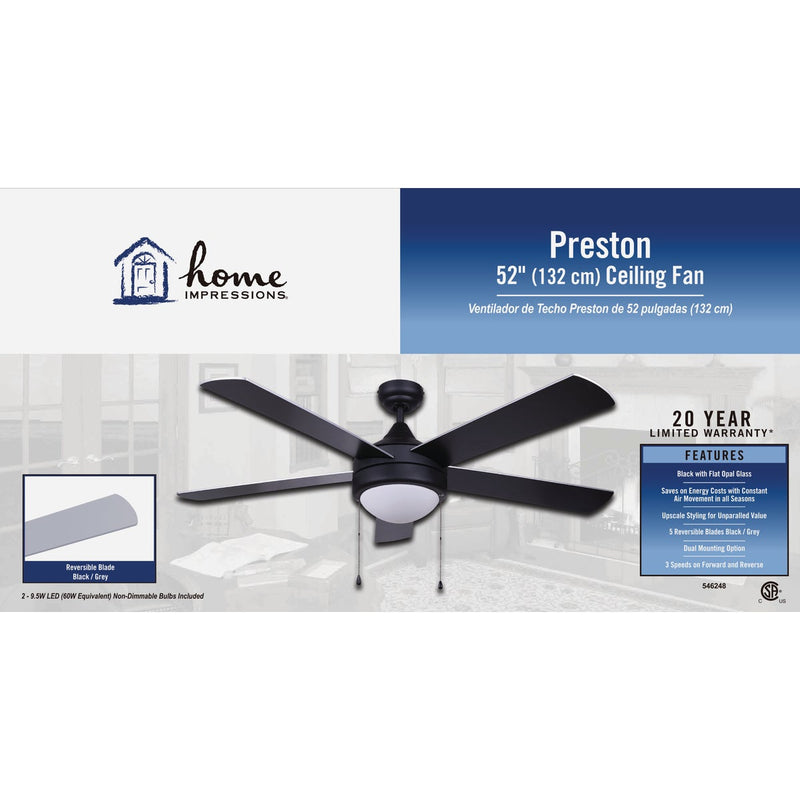 Home Impressions Preston 52 In. Black Ceiling Fan with Light Kit