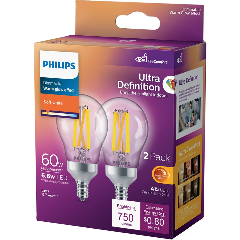 Philips Ultra Definition Warm Glow 60W Equivalent Soft White A15 Candelabra LED Light Bulb (2-Pack)