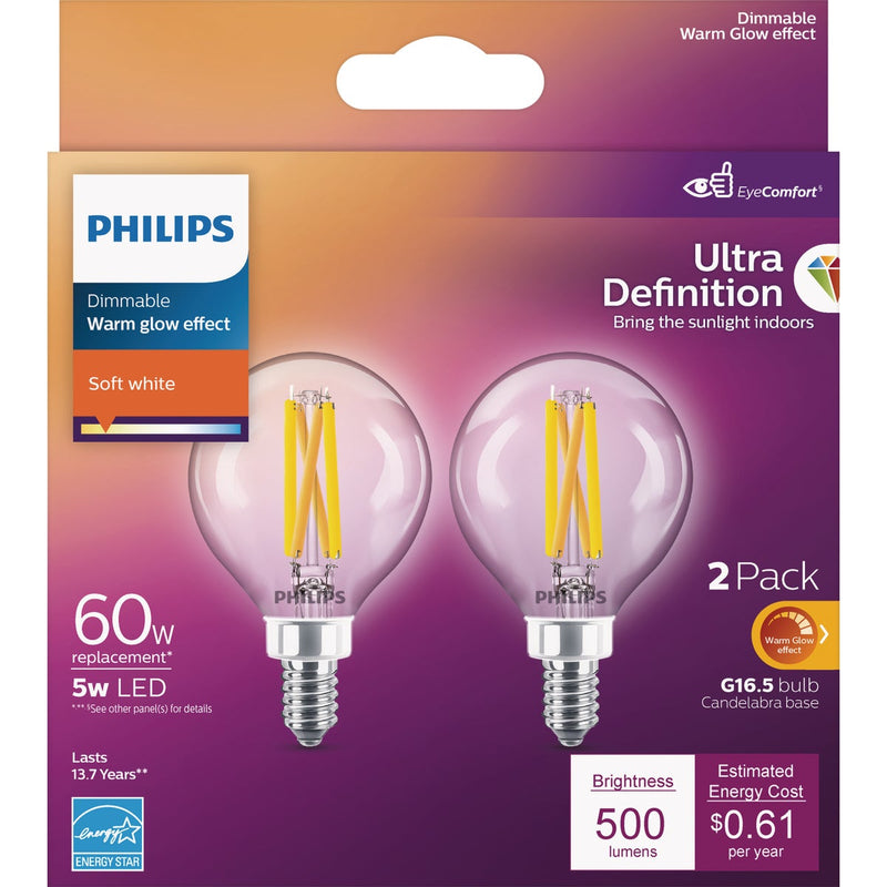 Philips Ultra Definition 60W Equivalent Soft White G16.5 Candelabra LED Decorative Light Bulb (2-Pack)