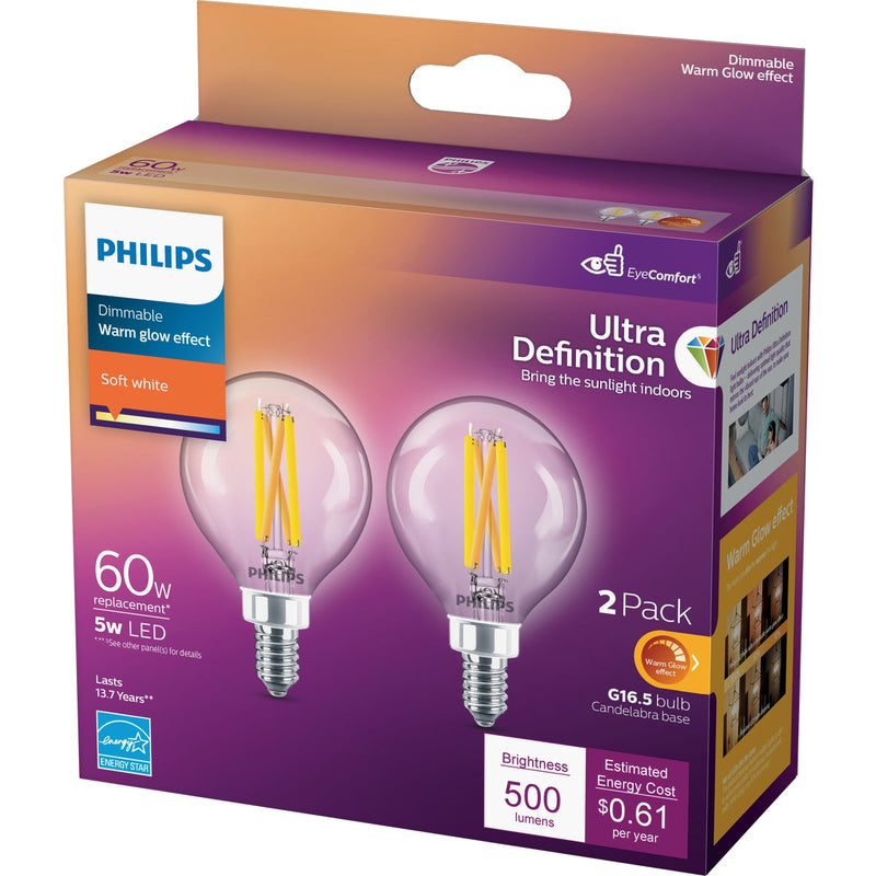 Philips Ultra Definition 60W Equivalent Soft White G16.5 Candelabra LED Decorative Light Bulb (2-Pack)