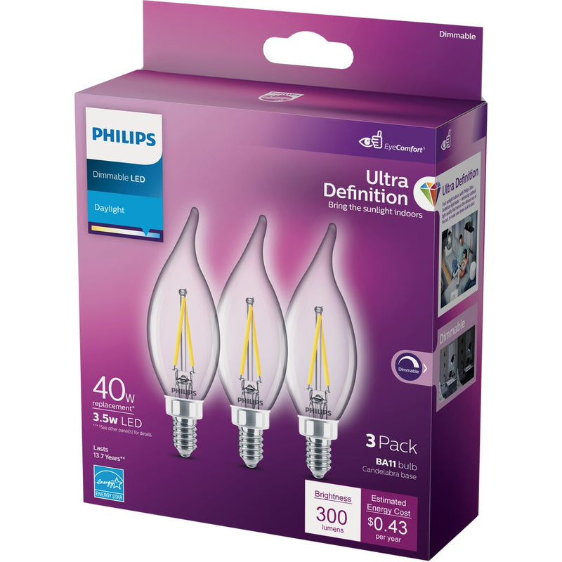 Philips Ultra Definition 40W Equivalent Daylight BA11 Candelabra LED Decorative Light Bulb (3-Pack)