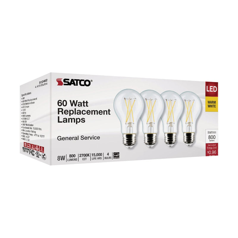 Satco 60W Equivalent Warm White A19 Medium Clear Dimmable LED Light Bulb (4-Pack)