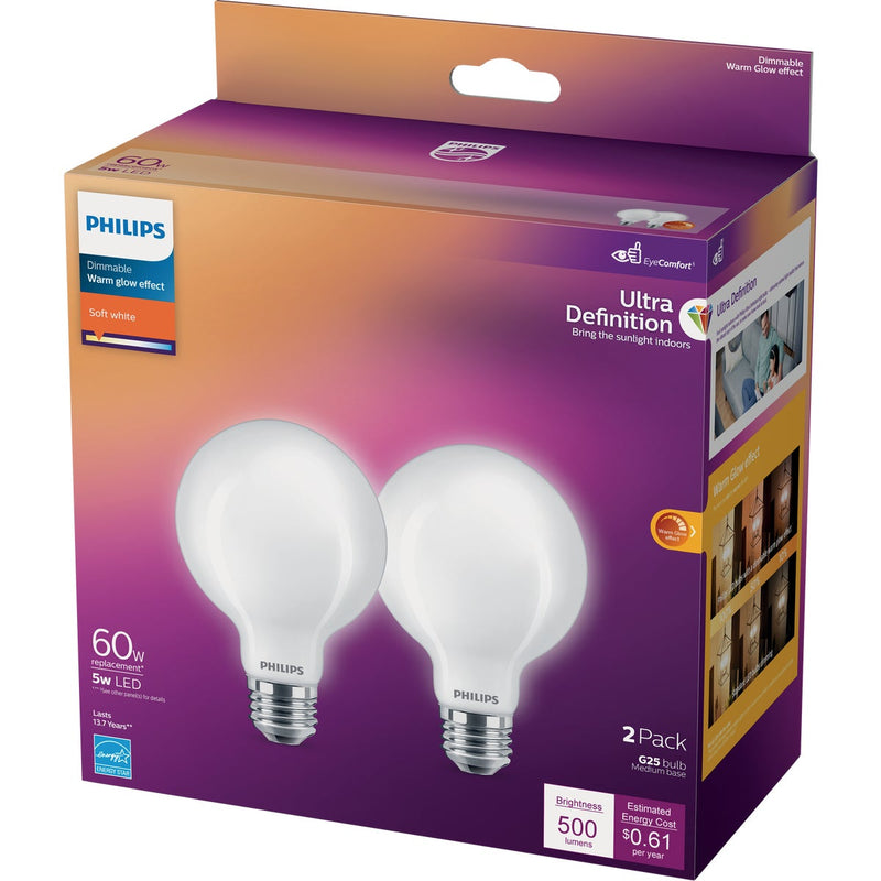 Philips Ultra Definition 60W Equivalent Soft White G25 Medium LED Decorative Light Bulb (2-Pack)