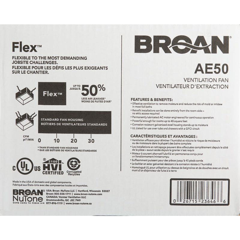 Broan Flex Series 50 CFM 0.5 Sones Bath Exhaust Fan