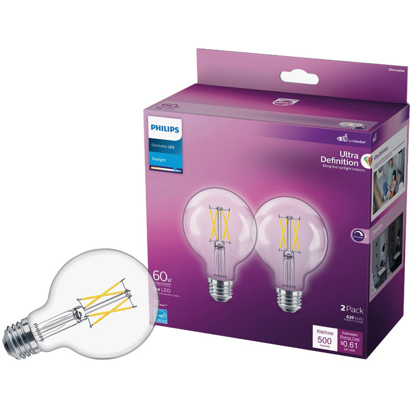 Philips Ultra Definition 60W Equivalent Daylight G25 Medium LED Decorative Light Bulb (2-Pack)