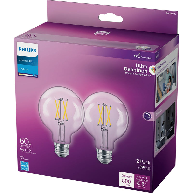 Philips Ultra Definition 60W Equivalent Daylight G25 Medium LED Decorative Light Bulb (2-Pack)