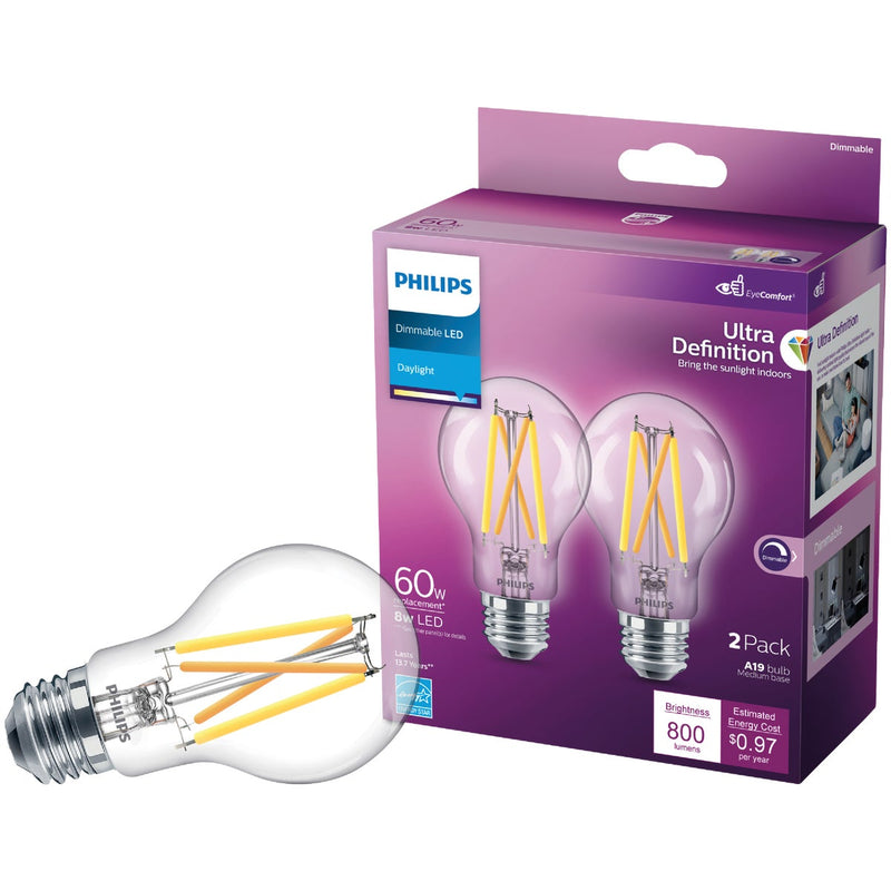 Philips Ultra Definition 60W Equivalent Daylight A19 Medium LED Light Bulb, Clear (2-Pack)