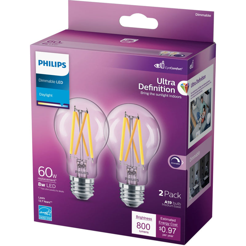 Philips Ultra Definition 60W Equivalent Daylight A19 Medium LED Light Bulb, Clear (2-Pack)