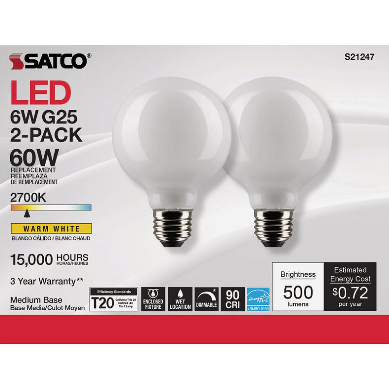 Satco Nuvo 60W Equivalent Warm White G25 Medium Frosted LED Decorative Light Bulb (2-Pack)