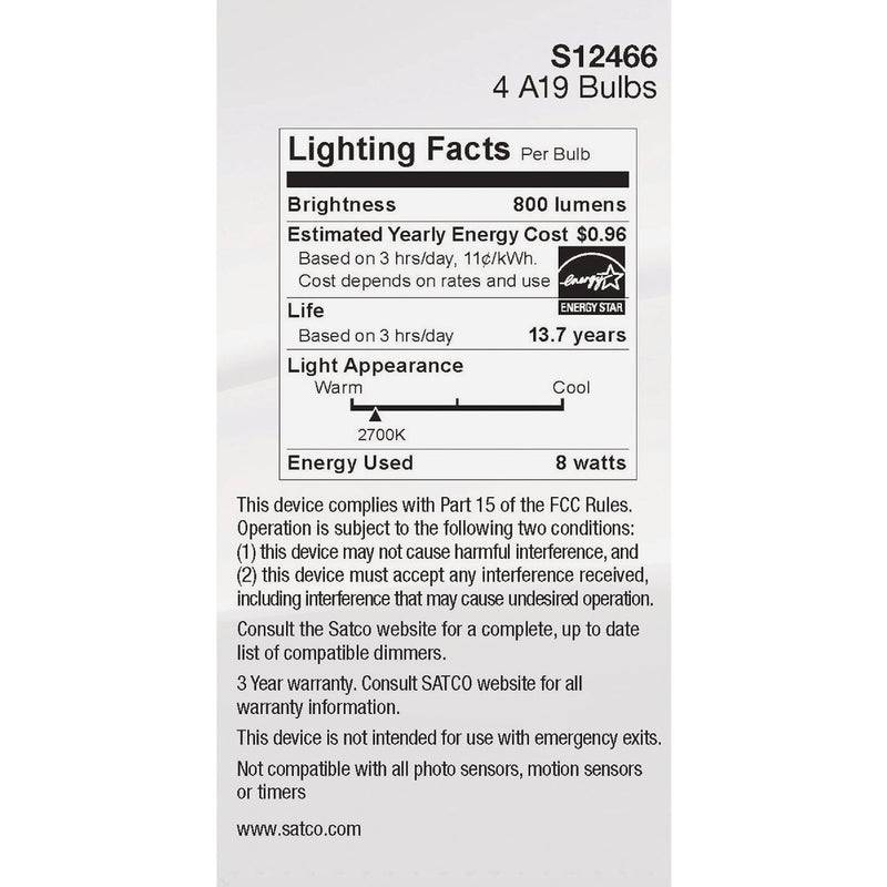 Satco 60W Equivalent Warm White A19 Medium Frosted Dimmable LED Light Bulb (4-Pack)