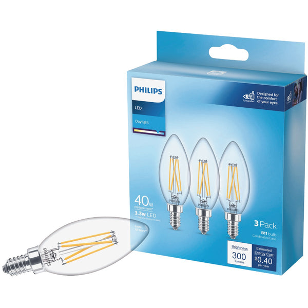 Philips 40W Equivalent Daylight B11 Candelabra Clear LED Decorative Light Bulb (3-Pack)