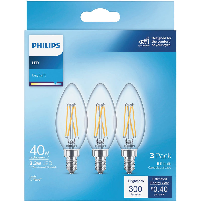 Philips 40W Equivalent Daylight B11 Candelabra Clear LED Decorative Light Bulb (3-Pack)