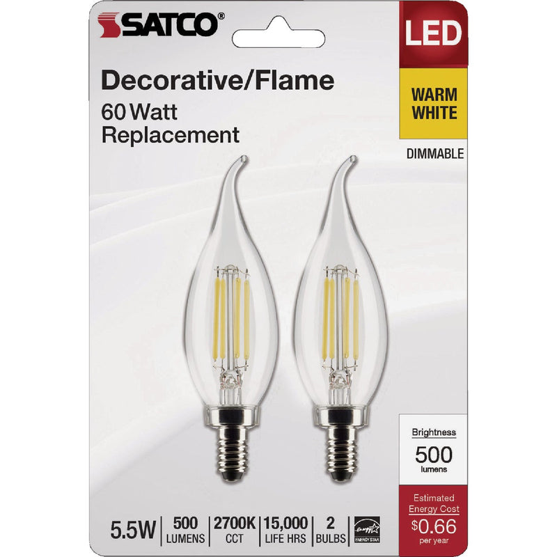 Satco 60W Equivalent Warm White Clear CA10 Candelabra LED Decorative Light Bulb (2-Pack)