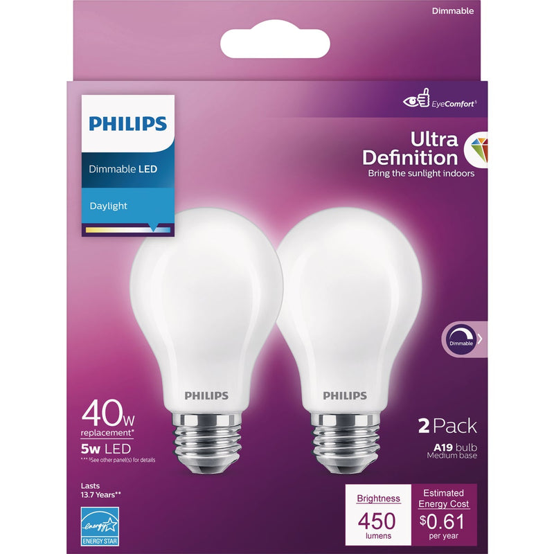 Philips Ultra Definition 40W Equivalent Daylight A19 Medium LED Light Bulb, Frosted (2-Pack)