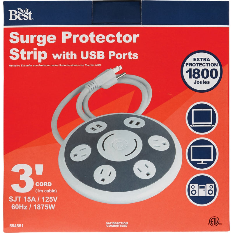 Do it Best 4-Outlet/4-USB 1800J White & Gray Surge Protector with 3 Ft. Cord