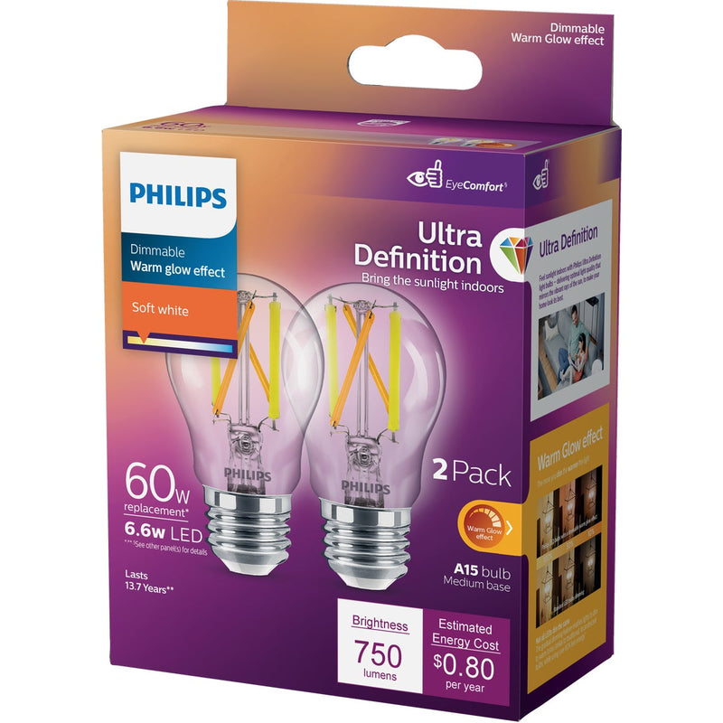 Philips Ultra Definition Warm Glow 60W Equivalent Soft White A15 Medium LED Light Bulb (2-Pack)