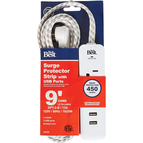Do it Best 2-Outlet/2-USB 450J White Surge Protector with 9 Ft. Braided Cord