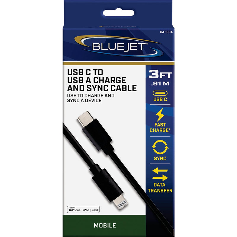 Blue Jet 3 Ft. Black Lightning to Type-C USB Charging & Sync Cable