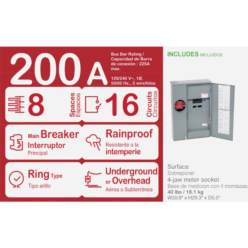 Square D HOM 200A 8-Space 16-Pole Rainproof Plug On Neutral Outdoor Meter Breaker Panel