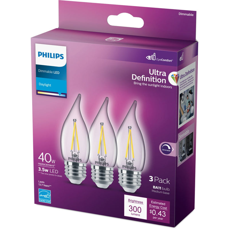 Philips Ultra Definition 40W Equivalent Daylight BA11 Medium LED Decorative Light Bulb (3-Pack)