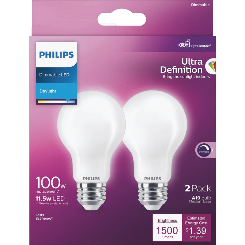 Philips Ultra Definition 100W Equivalent Daylight A19 Medium Dimmable LED Light Bulb, Frosted (2-Pack)