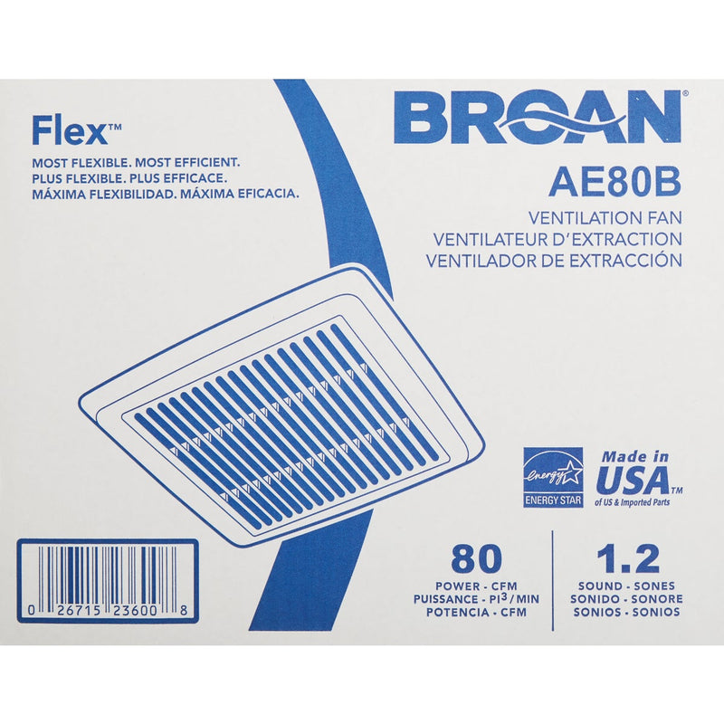 Broan Flex Series 80 CFM 1.2 Sones 120V Ceiling Room Side Installation Bath Exhaust Fan