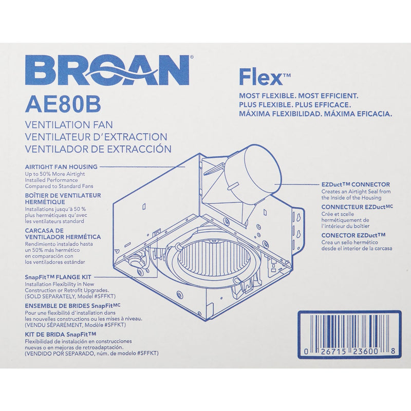 Broan Flex Series 80 CFM 1.2 Sones 120V Ceiling Room Side Installation Bath Exhaust Fan