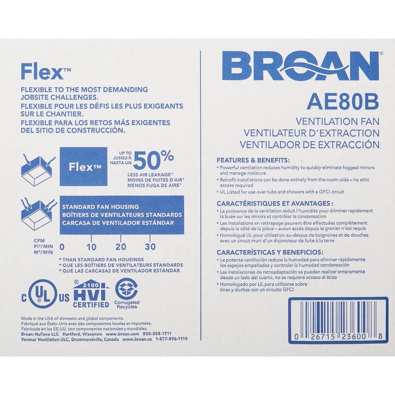 Broan Flex Series 80 CFM 1.2 Sones 120V Ceiling Room Side Installation Bath Exhaust Fan