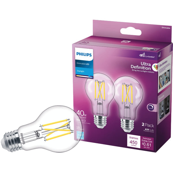Philips Ultra Definition 40W Equivalent Daylight A19 Medium LED Light Bulb, Clear (2-Pack)