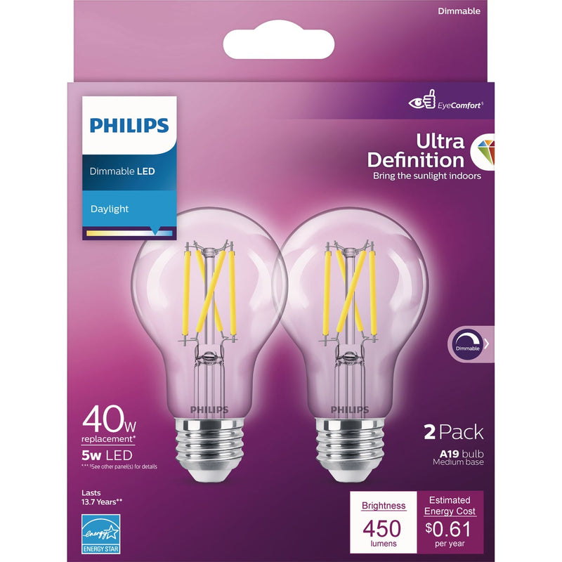 Philips Ultra Definition 40W Equivalent Daylight A19 Medium LED Light Bulb, Clear (2-Pack)