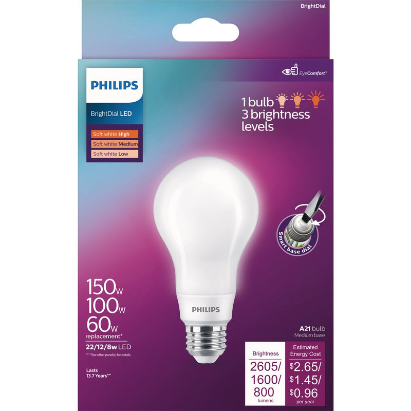 Philips BrightDial 150/100/60W Equivalent Soft White A21 Medium LED Light Bulb