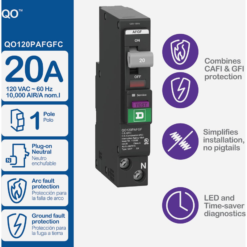 Square D QO 20A Single-Pole Dual Function Circuit Breaker