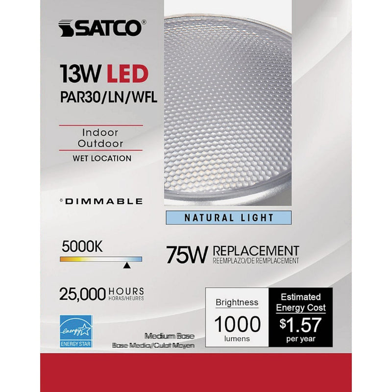 Satco 75W Equivalent Natural Light PAR30 Long Neck Medium Dimmable LED Floodlight Light Bulb