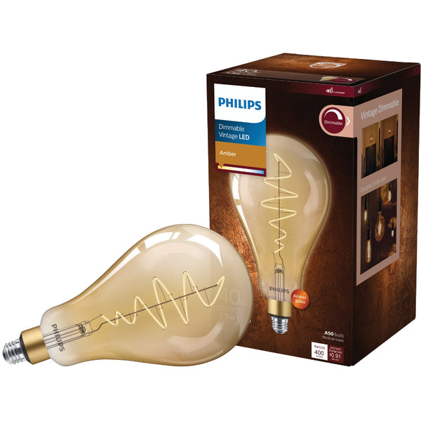 Philips Vintage 40W Equivalent Amber A50 Medium LED Decorative Light Bulb