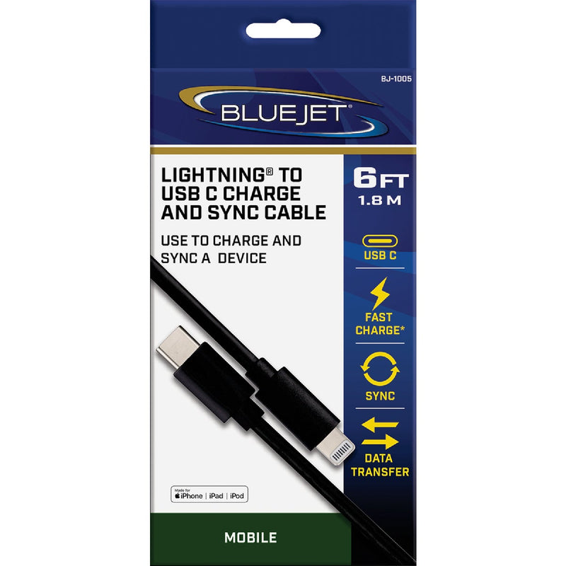 Blue Jet 6 Ft. Black Lightning to Type-C USB Charging & Sync Cable