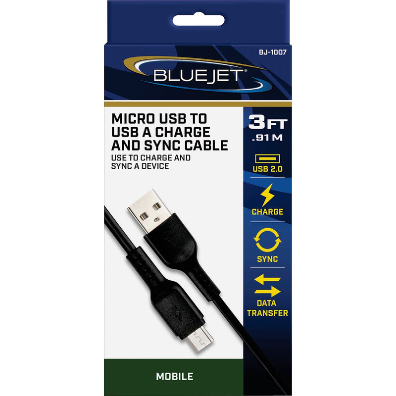 Blue Jet 3 Ft. Black Micro USB-B to Type-A USB Charging & Sync Cable