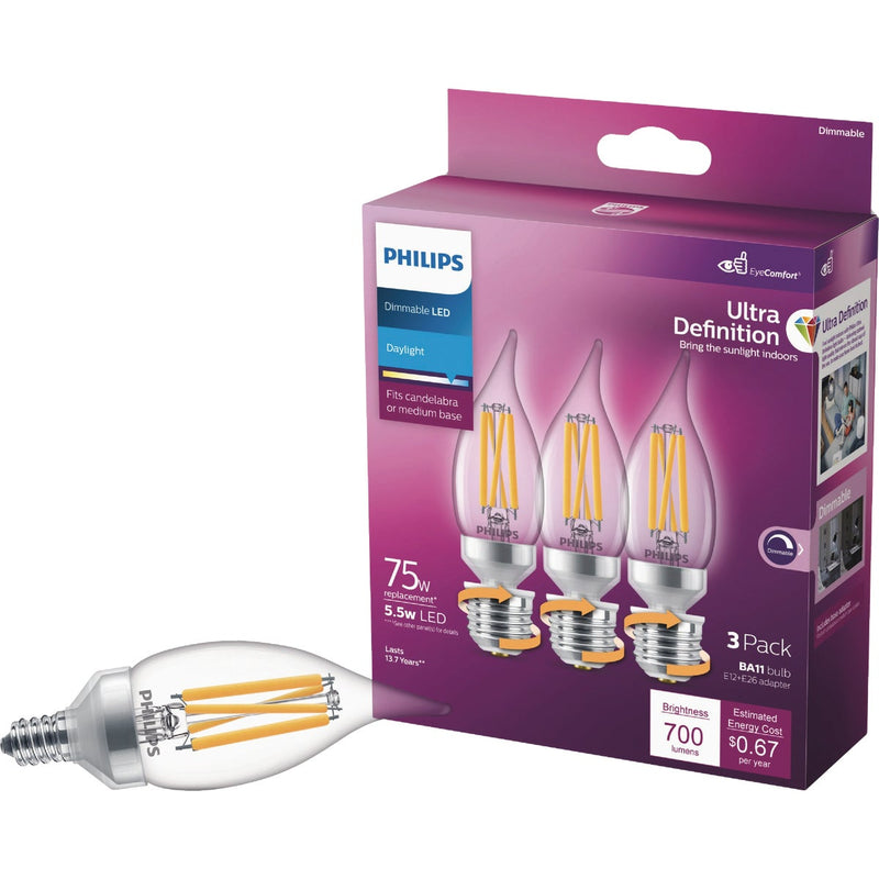 Philips Ultra Definition 75W Equivalent Daylight BA11 Adjustable Base (E12 & E26) LED Decorative Light Bulb (3-Pack)