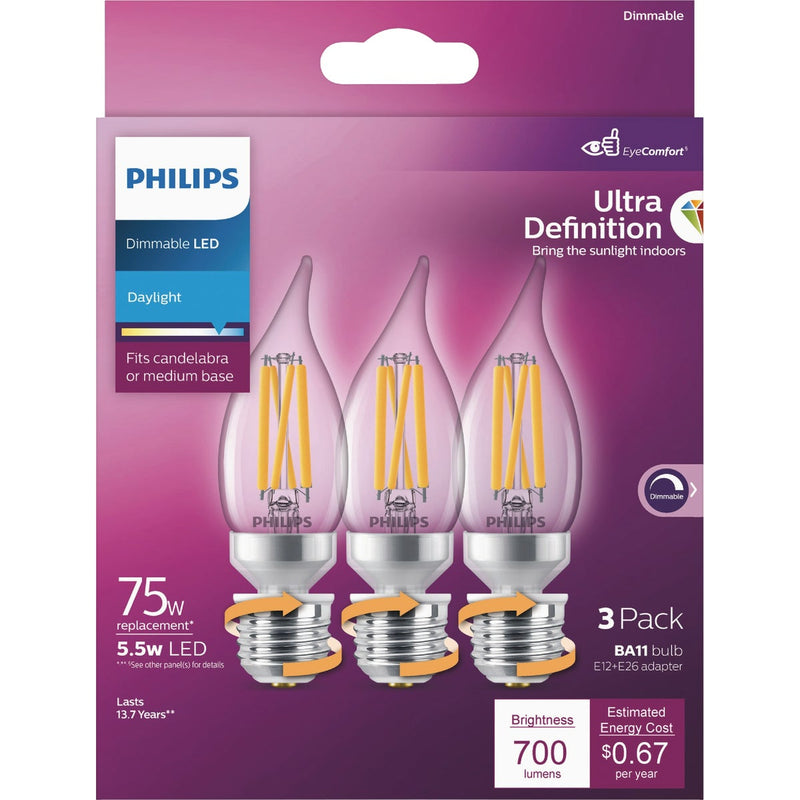 Philips Ultra Definition 75W Equivalent Daylight BA11 Adjustable Base (E12 & E26) LED Decorative Light Bulb (3-Pack)