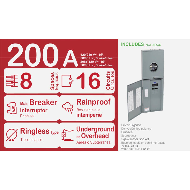 Square D Homeline 200A 8-Space 16-Circuit Outdoor Combination Meter Socket & Main Breaker Load Center