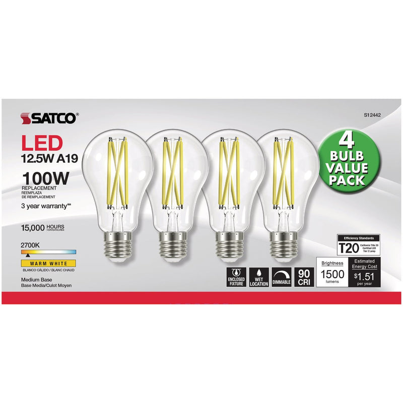 Satco Nuvo 100W Equivalent Warm White A19 Medium Clear LED Light Bulb (4-Pack)