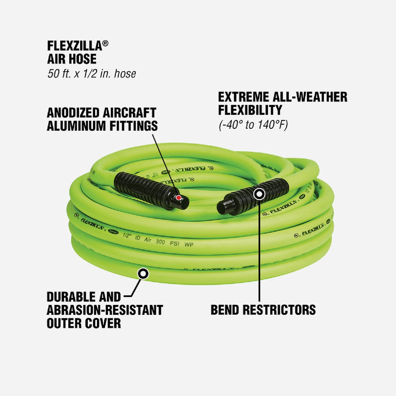 Flexzilla 1/2 In. x 50 Ft. Polymer-Blend Air Hose with 3/8 In. MNPT Fittings