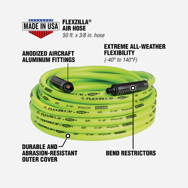 Flexzilla 3/8 In. x 50 Ft. Polymer-Blend Air Hose with 1/4 In. MNPT Fittings