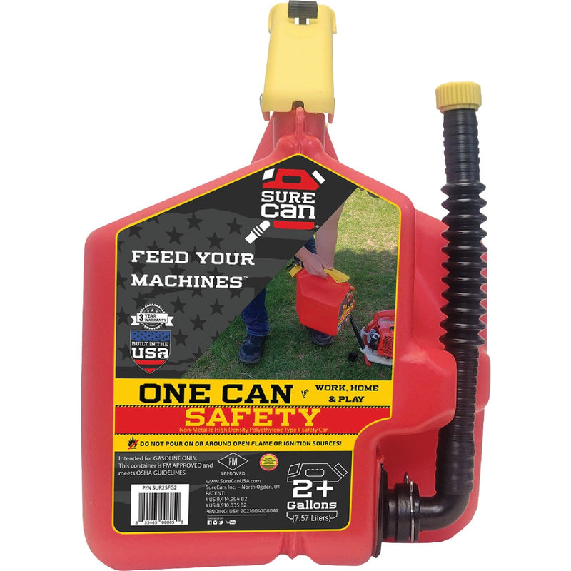 SureCan 2+ Gal. Plastic Gasoline Fuel Can, Red