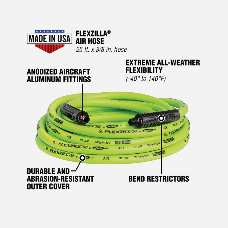 Flexzilla 3/8 In. x 25 Ft. Polymer-Blend Air Hose with 1/4 In. MNPT Fittings