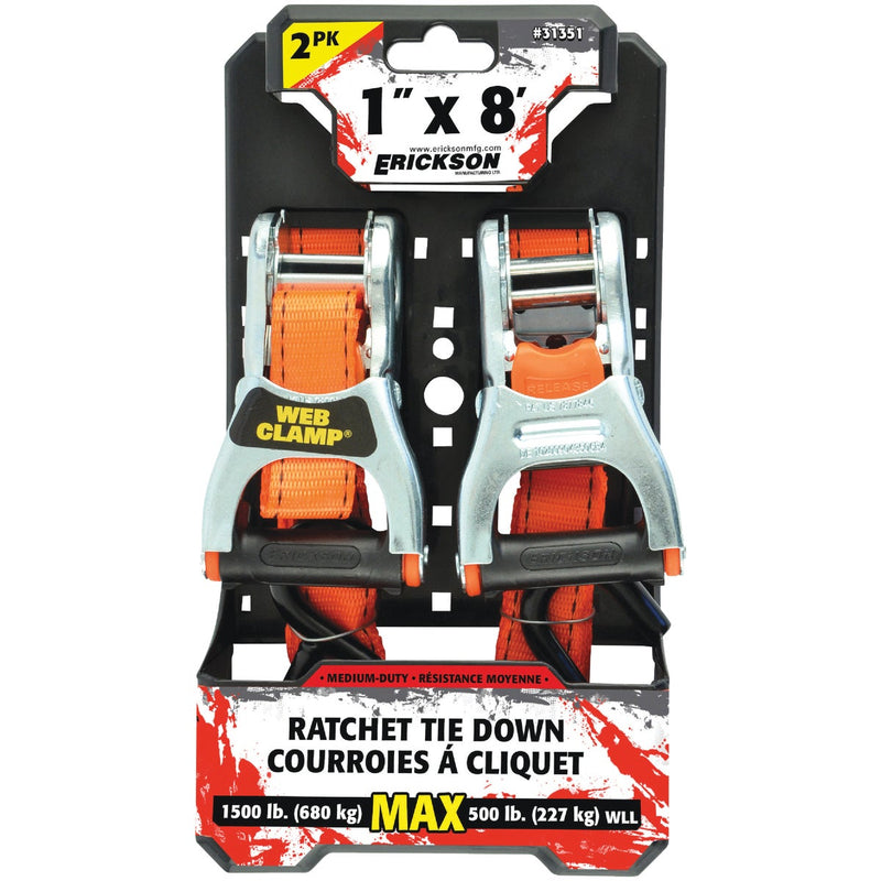 Erickson 1 In. x 8 Ft. Ratchet Strap with Web Clamp (2-Pack) 500 lb.