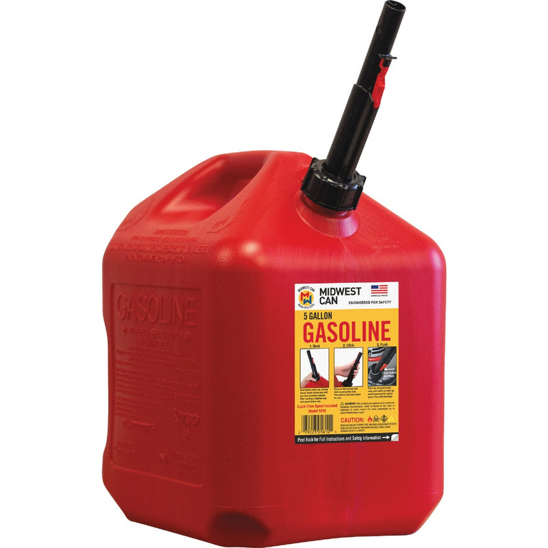 Midwest Can 5 Gal. Plastic Auto Shut Off Gasoline Fuel Can, Red